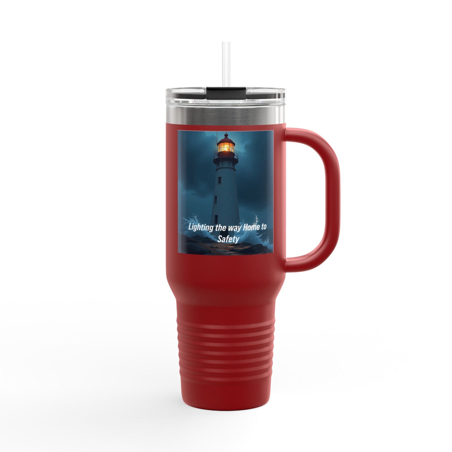 Lighthouse Travel Mug — 40oz Insulated Tumbler with "Lighting the way Home to Safety" Design