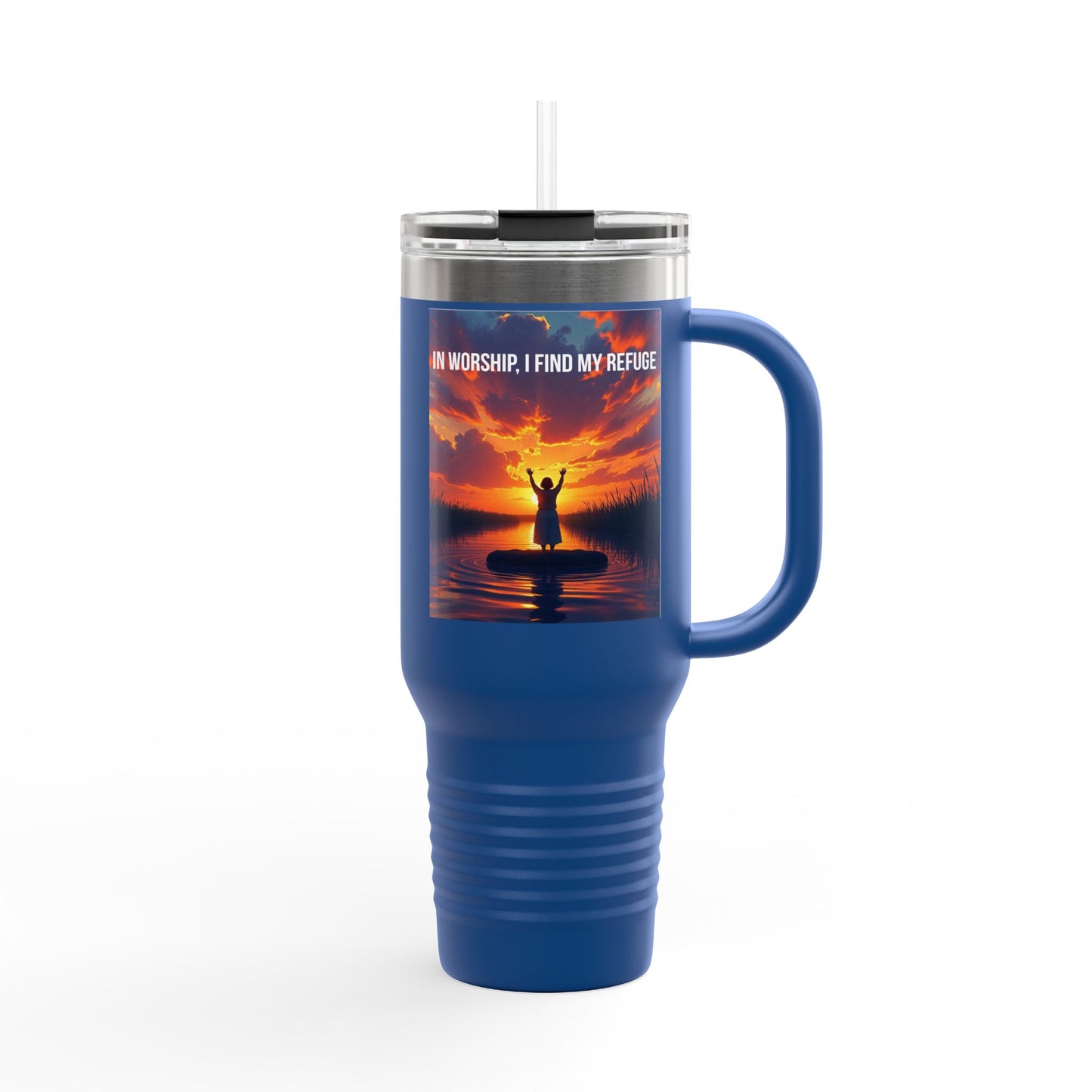 40oz Insulated Travel Mug — "In Worship I Find My Refuge" Sunset Paddleboard Design