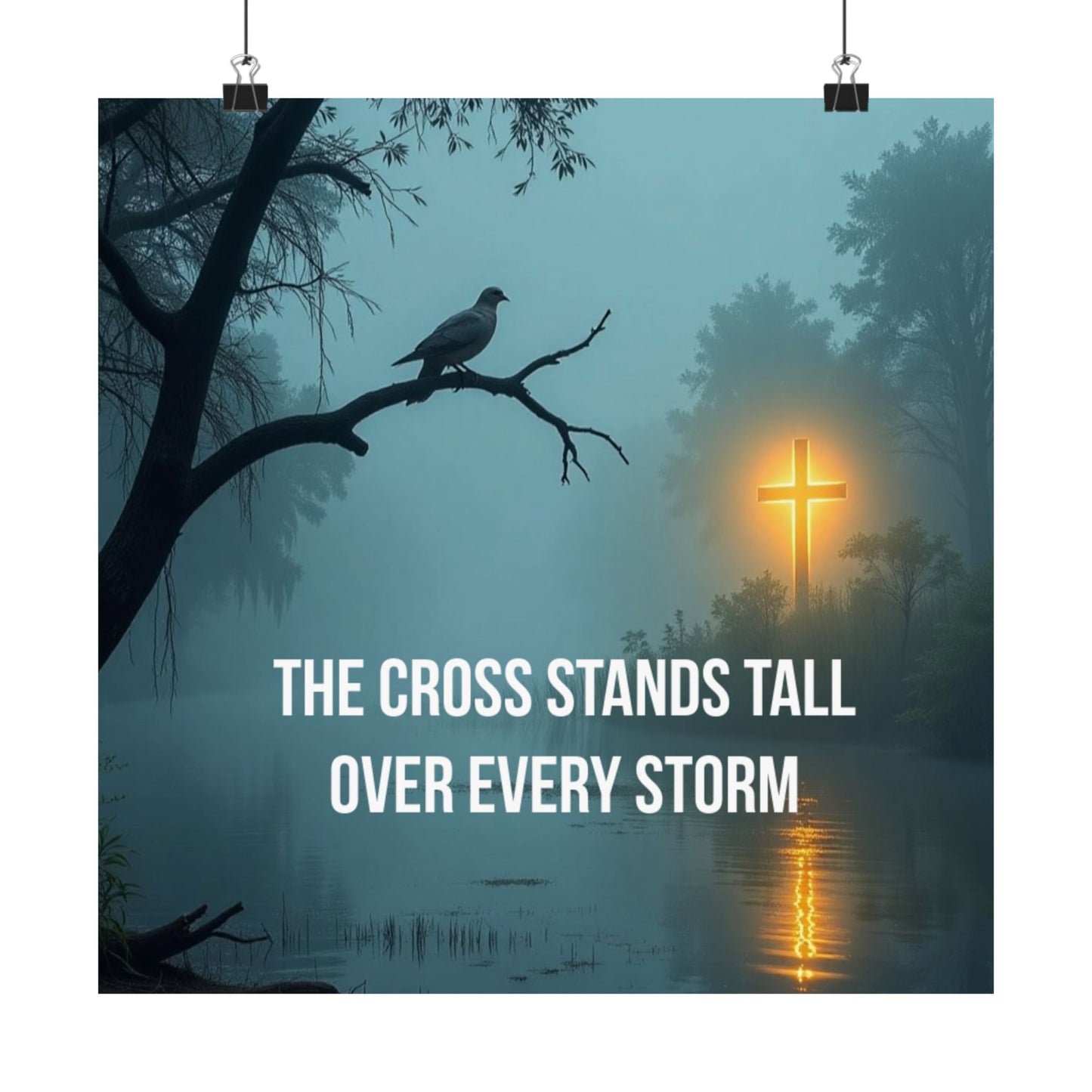 Satin Poster — "The Cross Stands Tall Over Every Storm" Inspirational Christian Wall Art