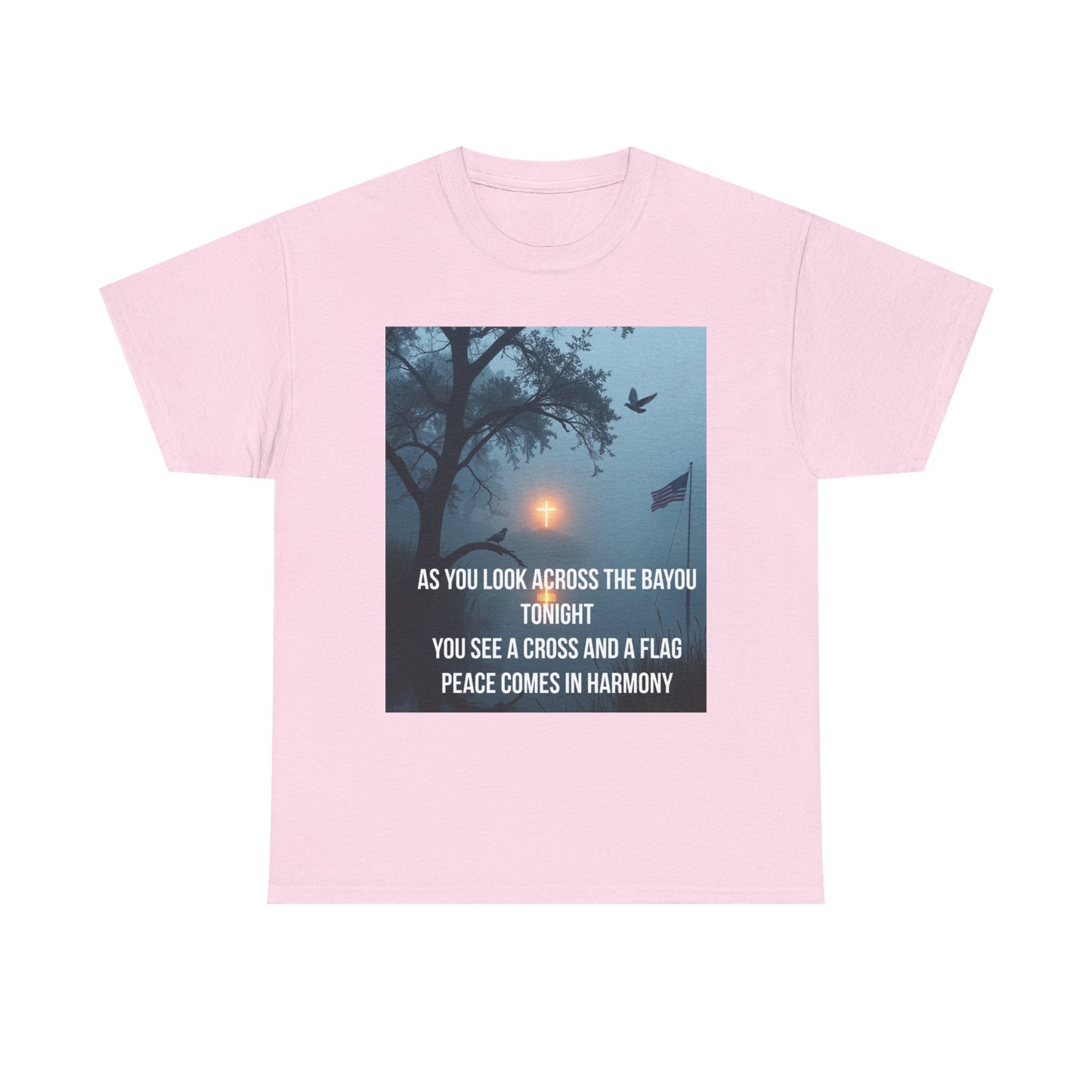 T‑Shirt — Bayou Cross & Flag Scene with Lyrics: “As You Look Across the Bayou Tonight”