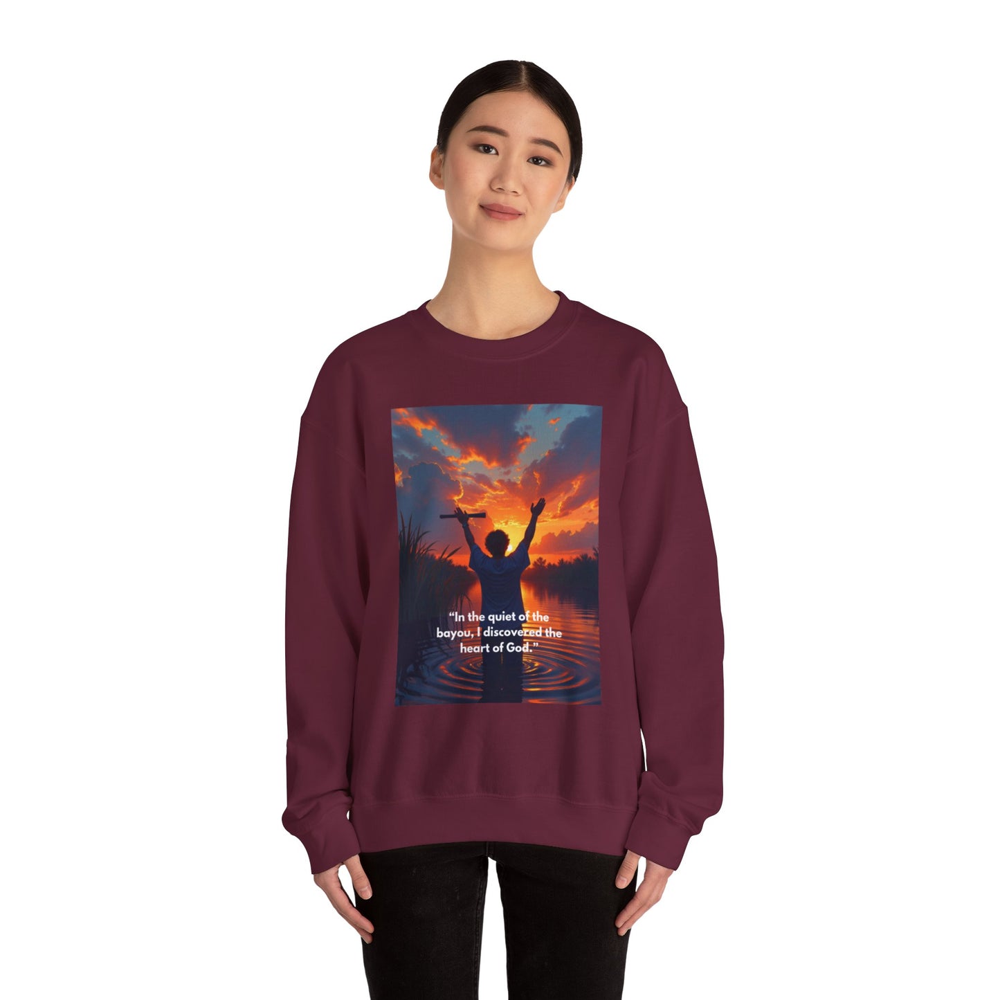 Inspirational Faith Crewneck Sweatshirt — "In the quiet of the bayou, I discovered the heart of God"