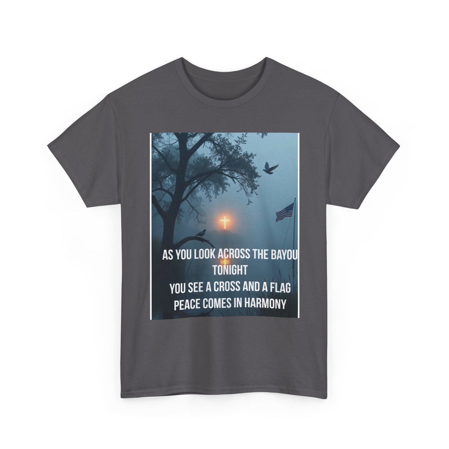 T-Shirt — Bayou Sunset Cross & Flag Graphic Tee ("As You Look Across the Bayou Tonight")