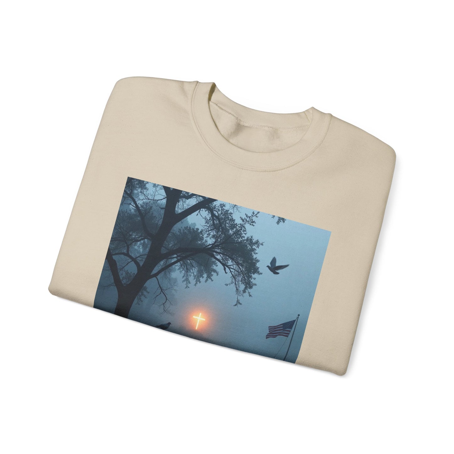 Crewneck Sweatshirt — Bayou Nightscape with Lyrics: "As You Look Across the Bayou Tonight"