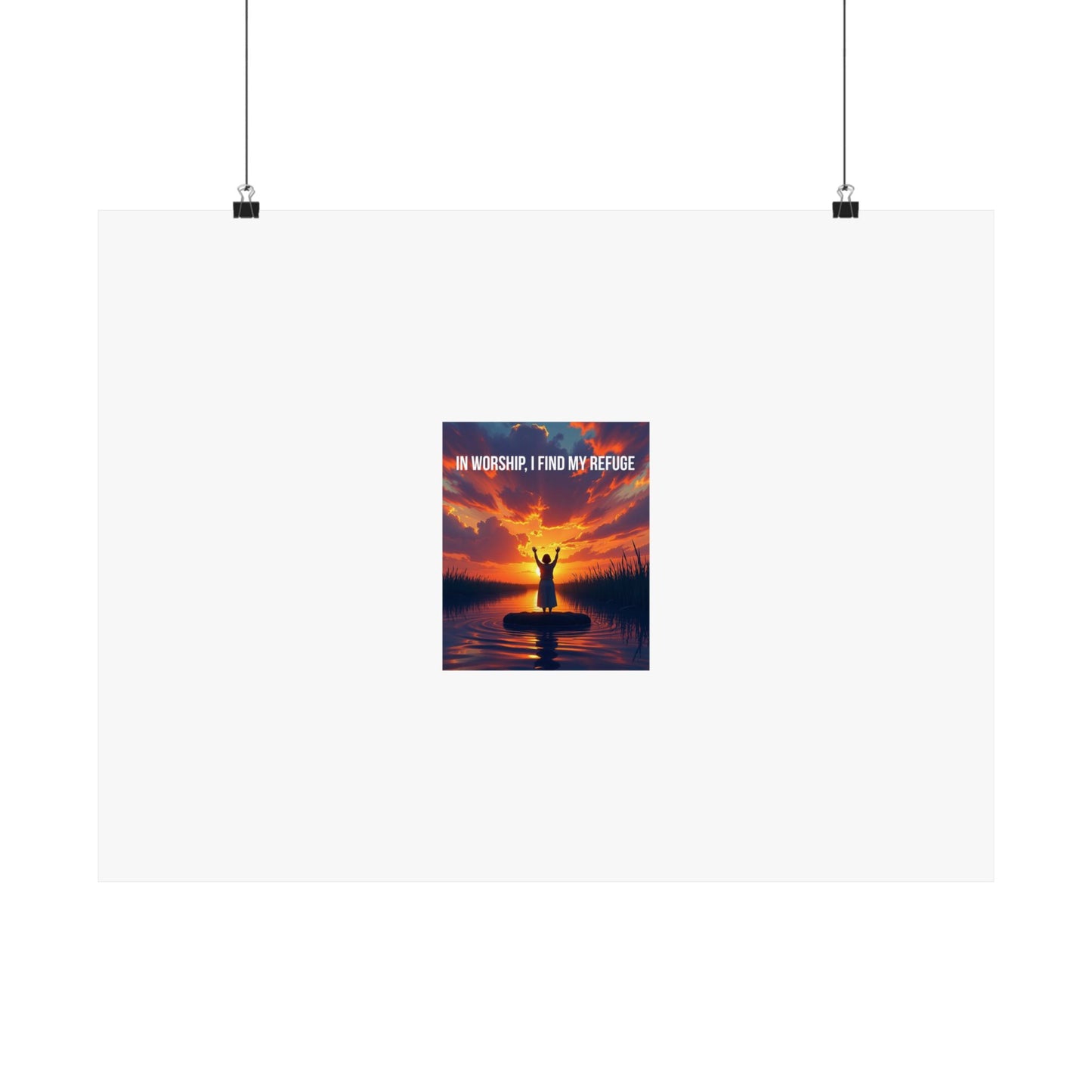 Inspirational Satin Poster — "In Worship I Find My Refuge" Sunset Silhouette