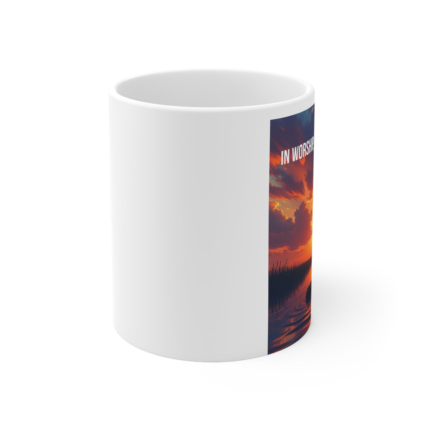 Sunset Lake Mug — "In Worship" Inspirational Ceramic Coffee Cup