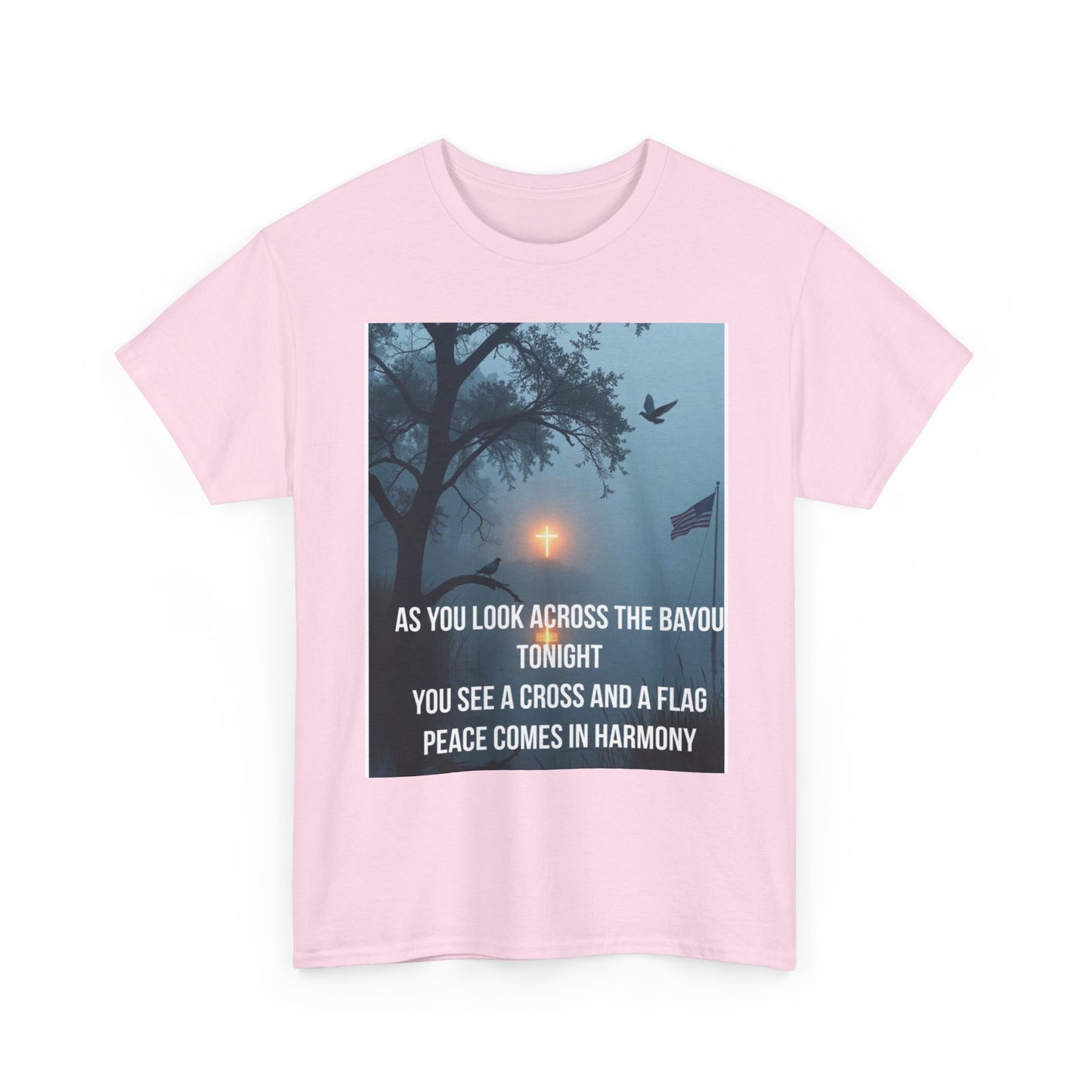 T-Shirt — Bayou Sunset Cross & Flag Graphic Tee ("As You Look Across the Bayou Tonight")