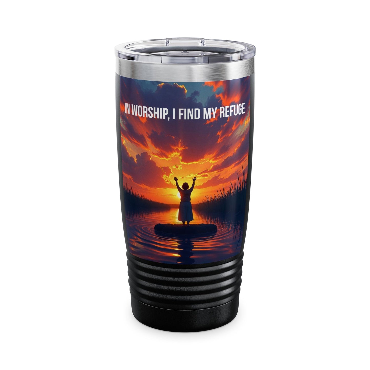 20oz Worship Tumbler – "In Worship, I Find My Refuge" Sunset Faith Travel Mug