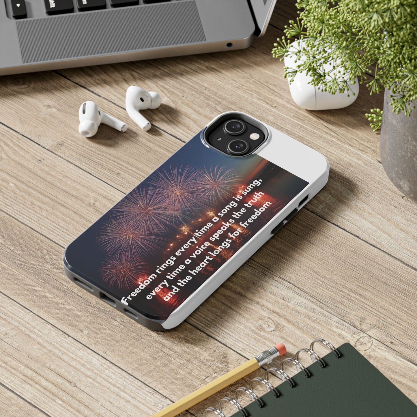 Patriotic Fireworks Tough Phone Case — "Freedom" Quote Protective Cover