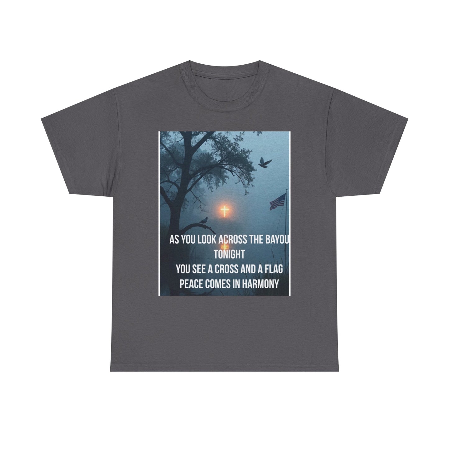 T-Shirt — Bayou Sunset Cross & Flag Graphic Tee ("As You Look Across the Bayou Tonight")