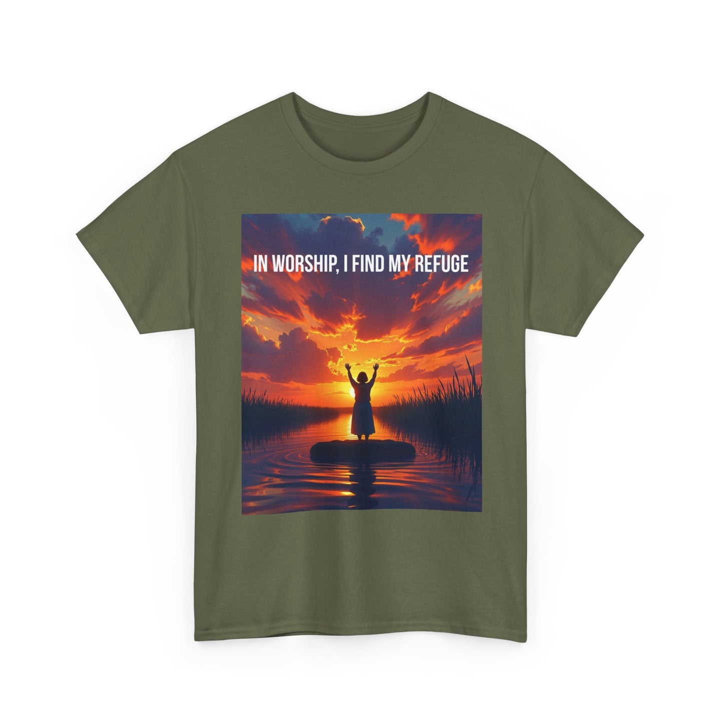 Worship Refuge T-Shirt — "In Worship, I Find My Refuge" Sunset Silhouette Christian Tee