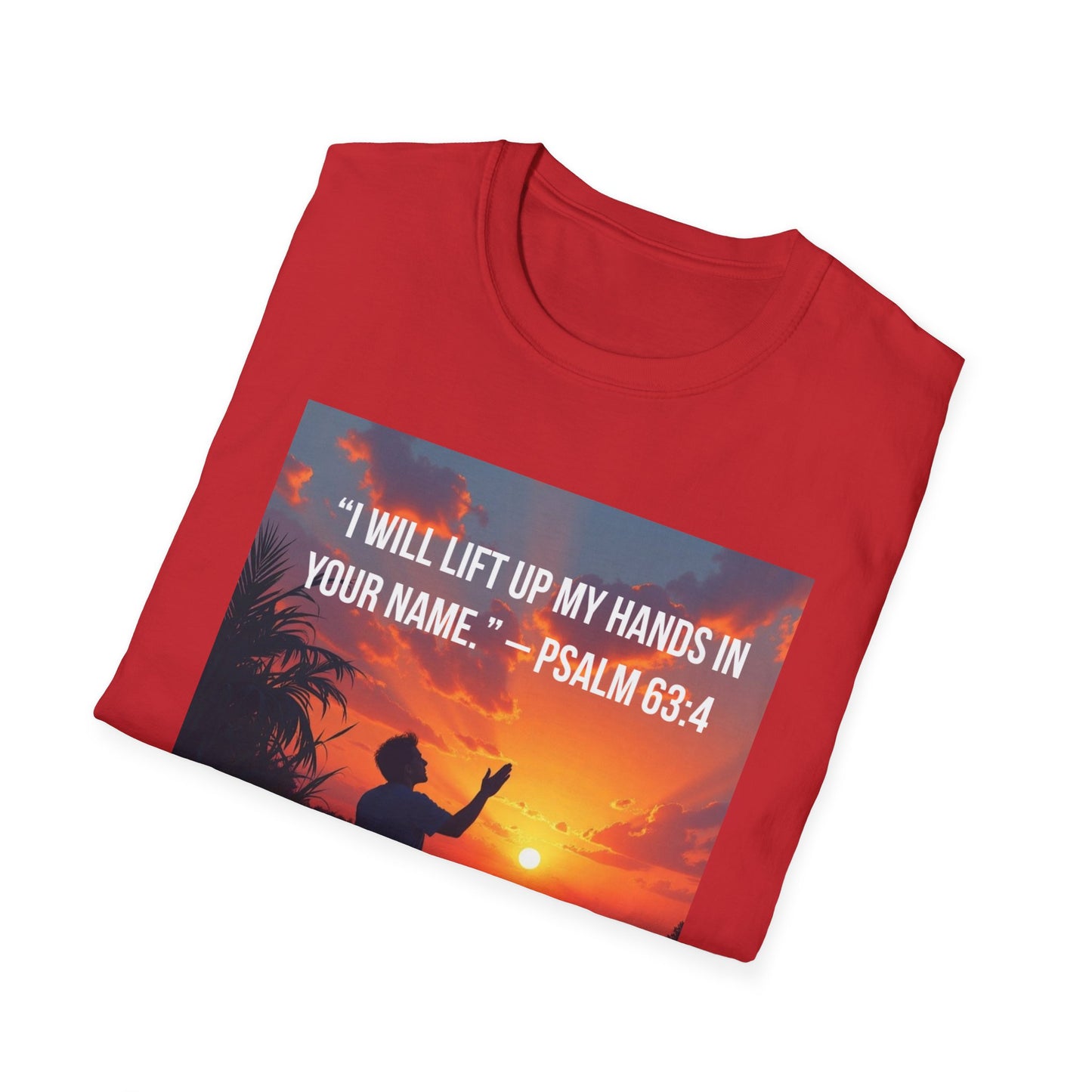 Psalm 63:4 Sunset Prayer T-Shirt — "I Will Lift Up My Hands in Your Name" Christian Tee