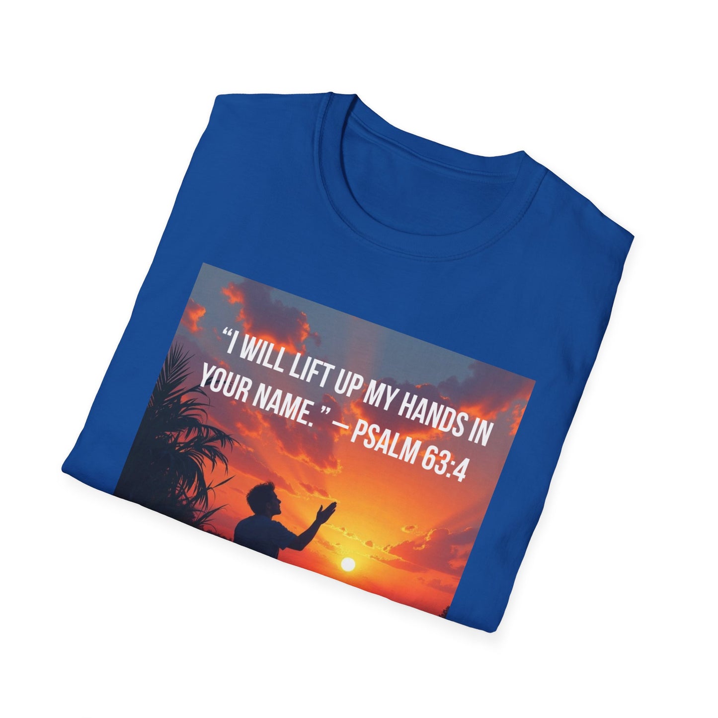 Psalm 63:4 Sunset Prayer T-Shirt — "I Will Lift Up My Hands in Your Name" Christian Tee