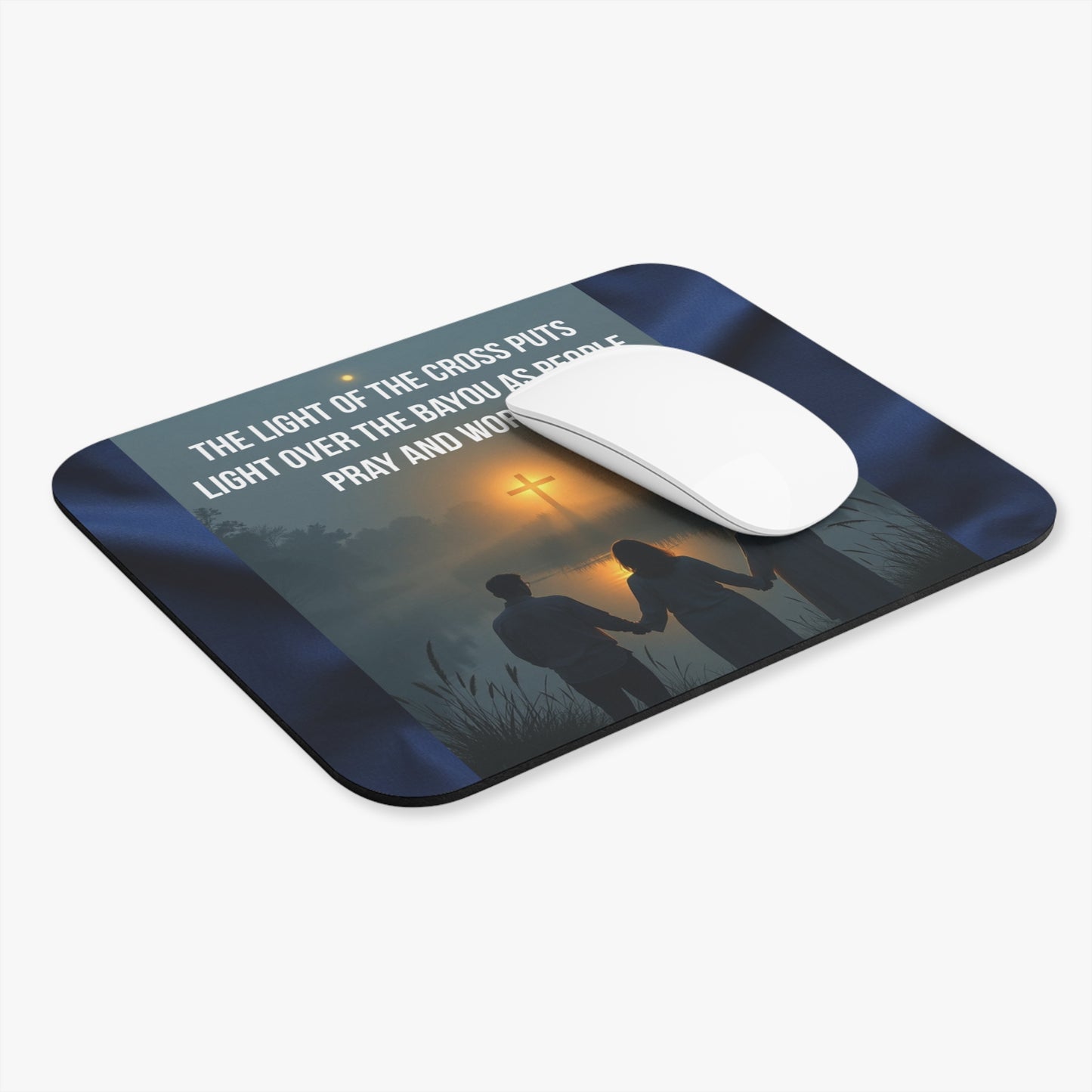 Christian Mouse Pad — "The Light of the Cross Puts Light Over the Bayou" Inspirational Desk Mat