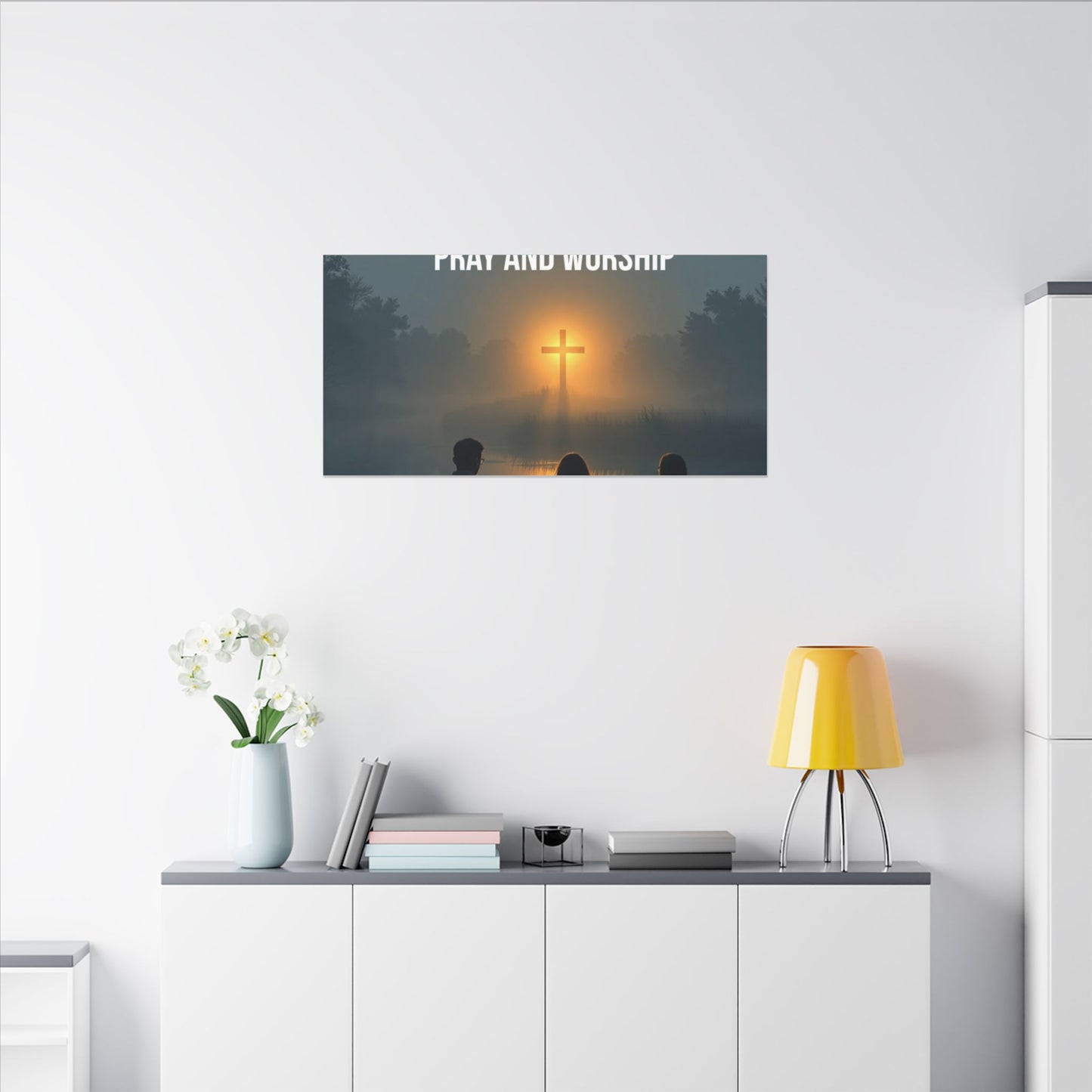 Faith Wall Art Canvas — “The Light of the Cross Puts Light Over the Bayou as People Pray and Worship”