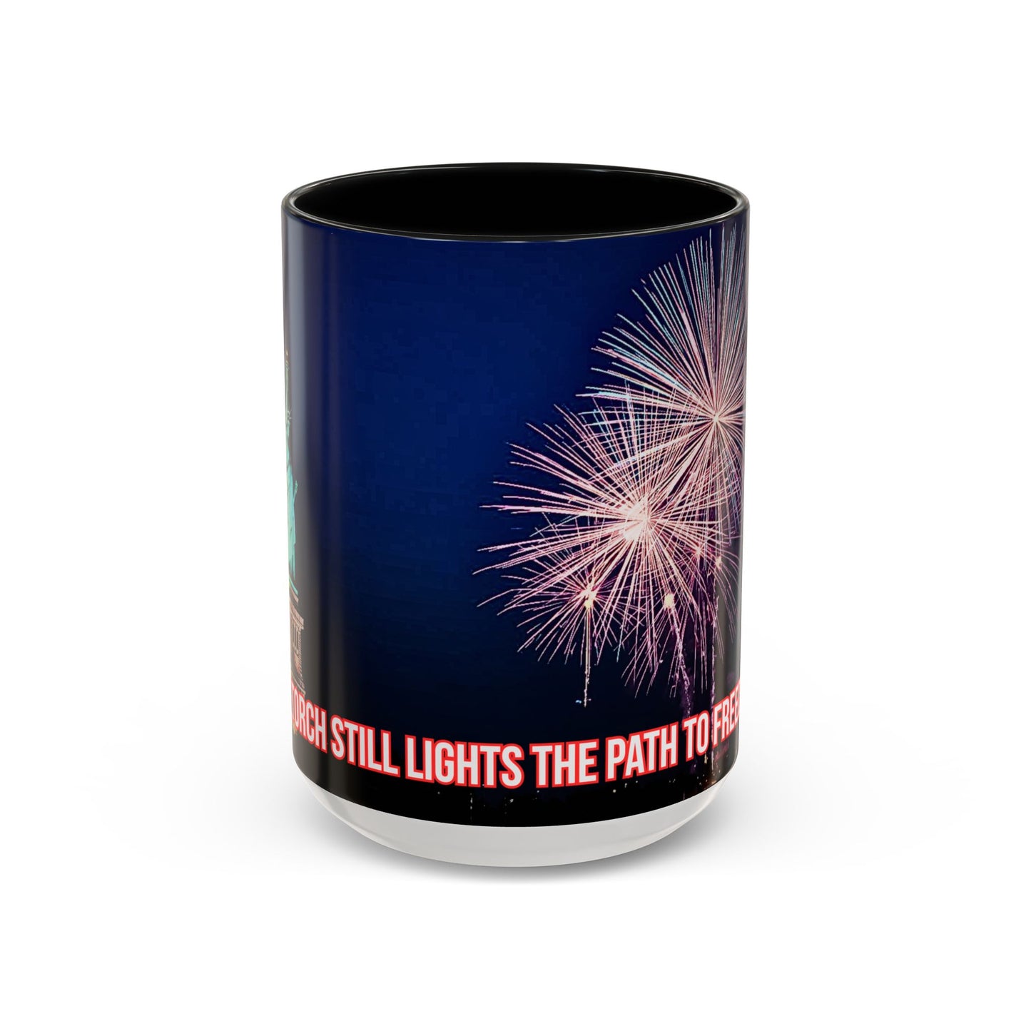 Fireworks Accent Coffee Mug — Inspirational "Lights the Path to Freedom" Design