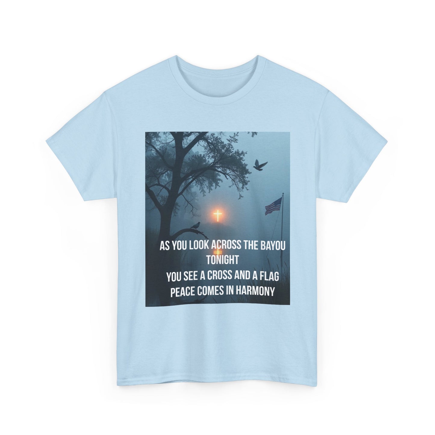T‑Shirt — Bayou Cross & Flag Scene with Lyrics: “As You Look Across the Bayou Tonight”