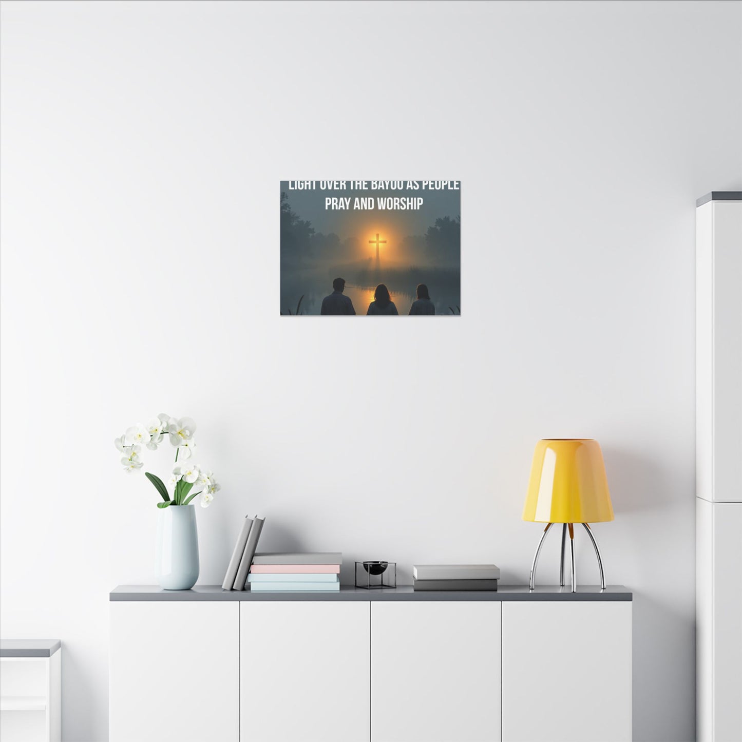 Faith Wall Art Canvas — “The Light of the Cross Puts Light Over the Bayou as People Pray and Worship”