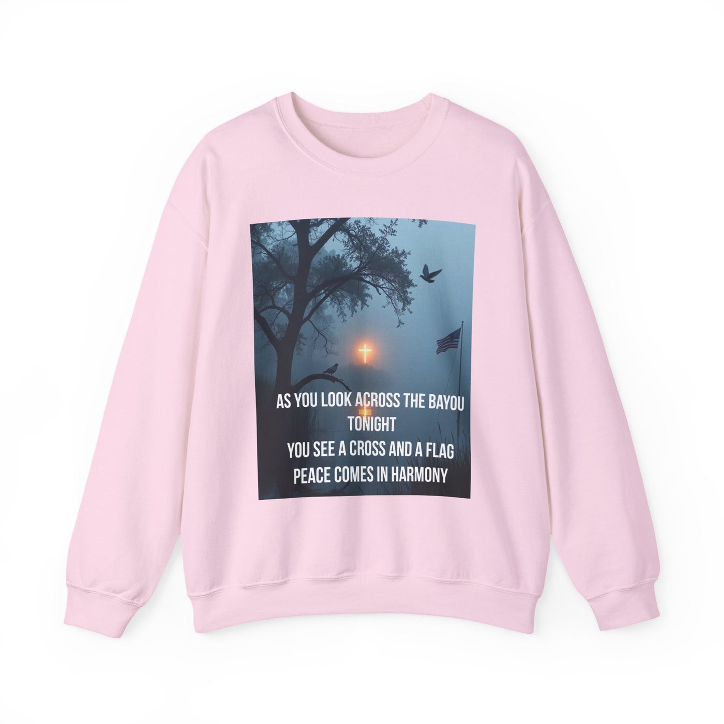 Crewneck Sweatshirt — Bayou Nightscape with Lyrics: "As You Look Across the Bayou Tonight"
