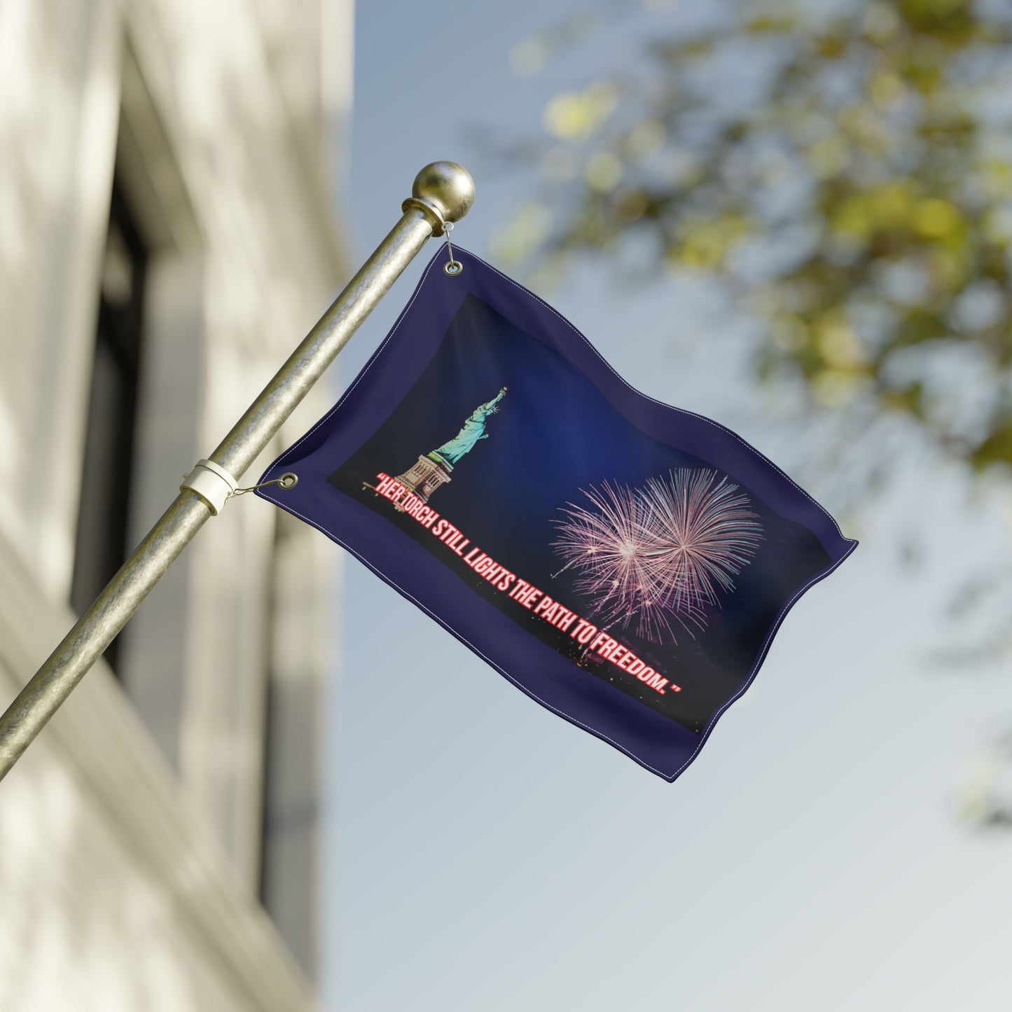 Liberty Fireworks Decor Flag — "Her Torch Still Lights the Path to Freedom" Double-Sided Garden Flag