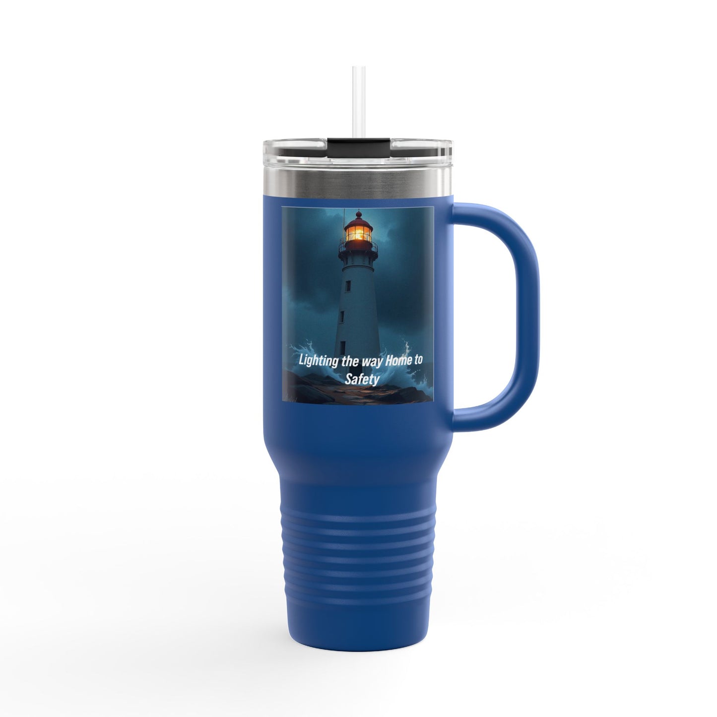 Lighthouse Travel Mug — 40oz Insulated Tumbler with "Lighting the way Home to Safety" Design