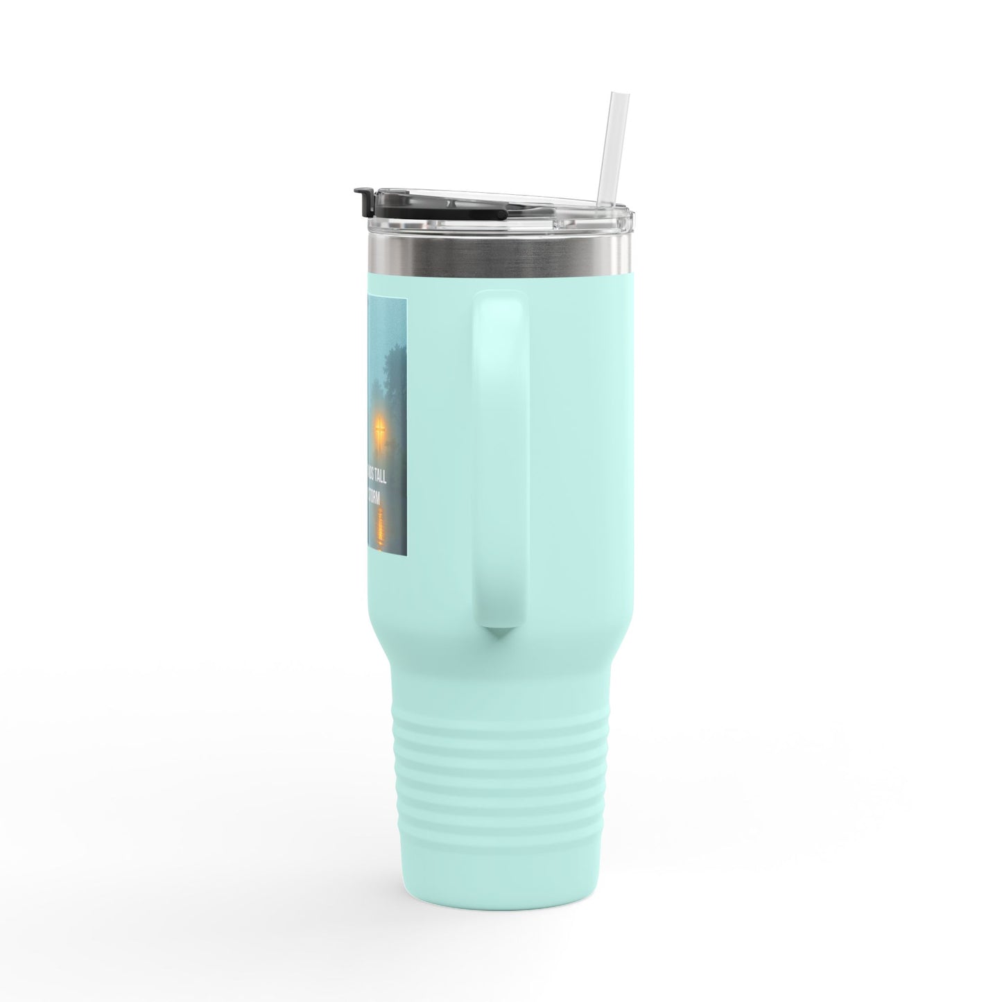 40oz Insulated Travel Mug — "The Cross Stands Tall Over Every Storm" Scenic Faith Design