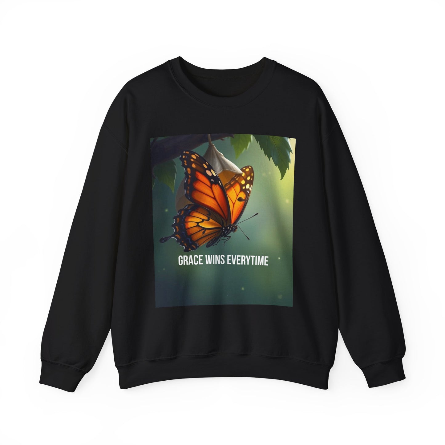 Crewneck Sweatshirt — Grace Wins Everytime Monarch Butterfly Inspirational Tee
