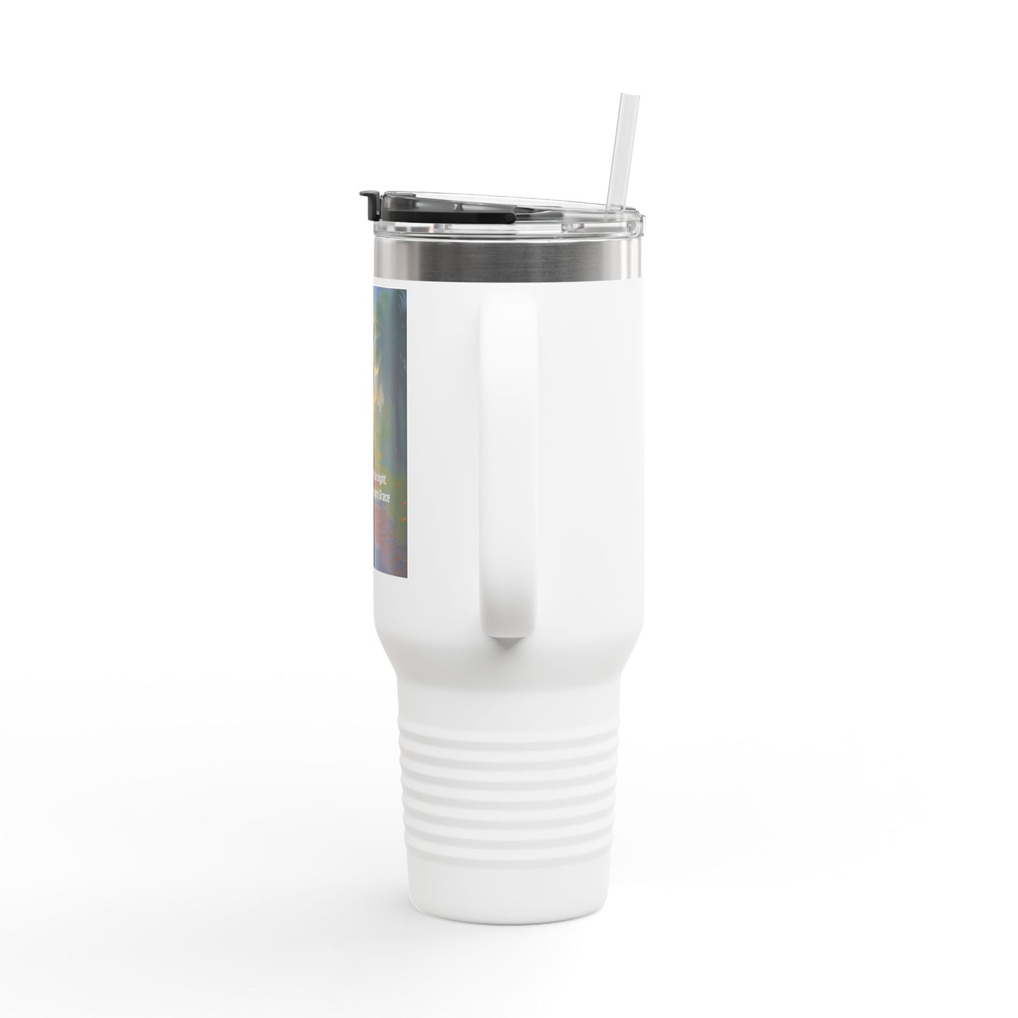 40oz Insulated Travel Mug — Tropical Sunset Design with Inspirational Quote