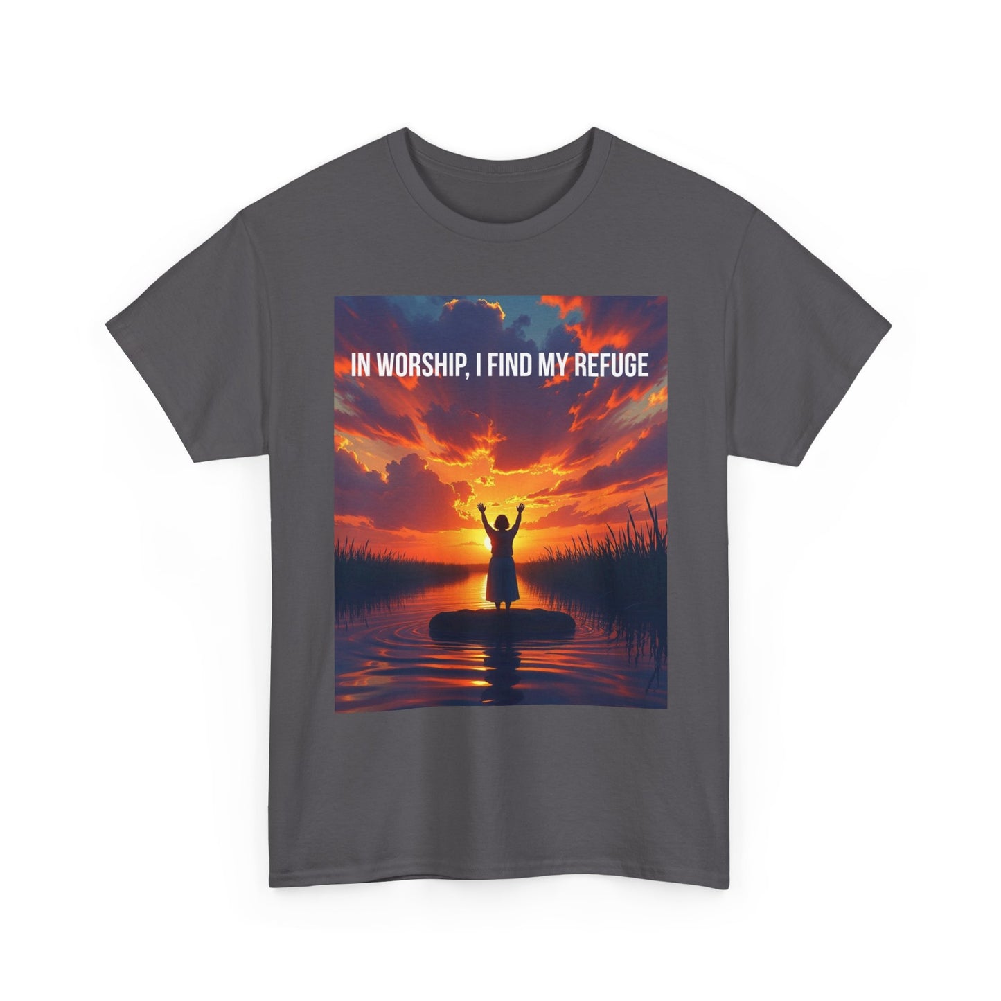 Worship Refuge T-Shirt — "In Worship, I Find My Refuge" Sunset Silhouette Christian Tee