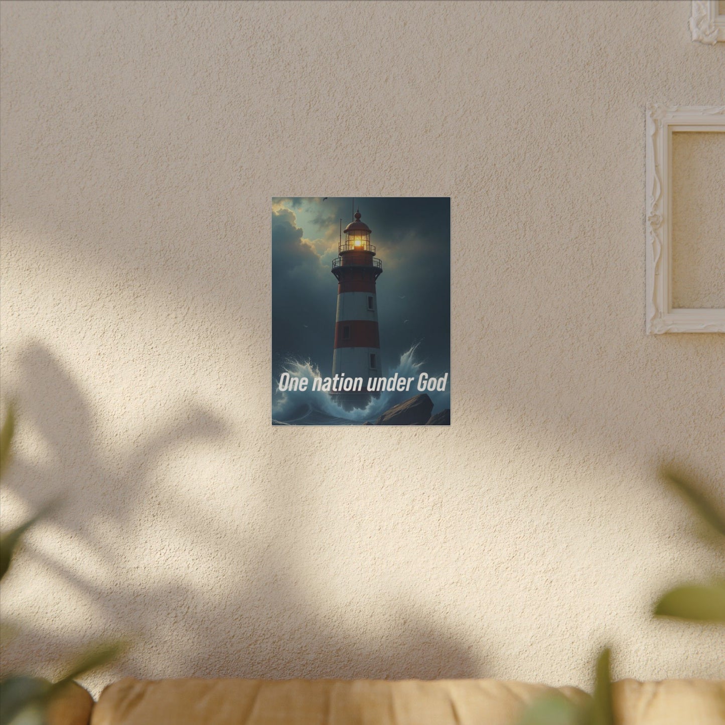 Lighthouse Matte Canvas Wall Art - "One Nation Under God" Patriotic Coastal Print
