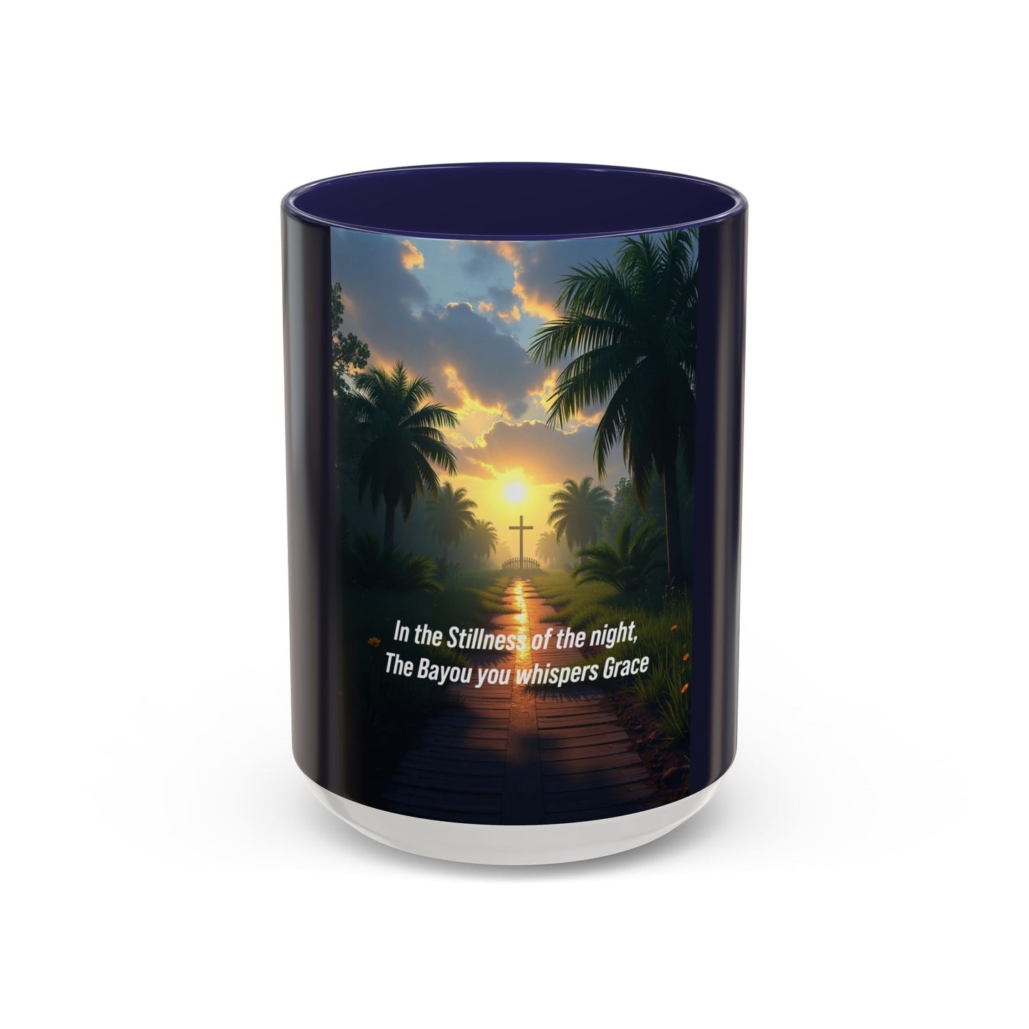 Accent Coffee Mug — Tranquil Bayou Sunset Mug with Cross & Inspirational Quote