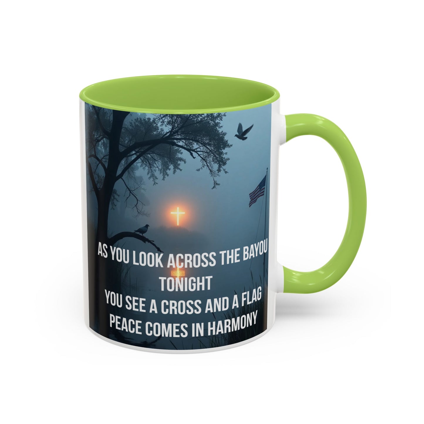 Bayou Cross & Flag Coffee Mug — Inspirational Southern Scene with Peaceful Verse (11/15 oz)