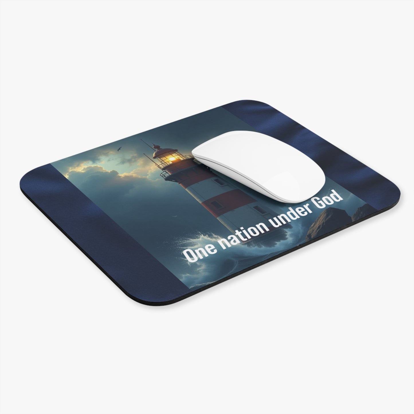 Lighthouse 'One Nation Under God' Rectangle Mouse Pad — Patriotic Coastal Desk Mat