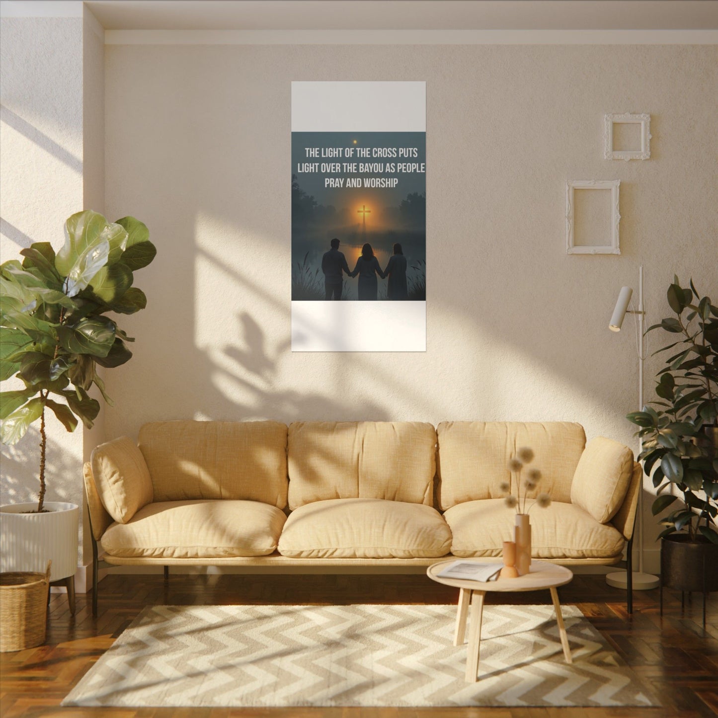 Faith Wall Art Canvas — “The Light of the Cross Puts Light Over the Bayou as People Pray and Worship”