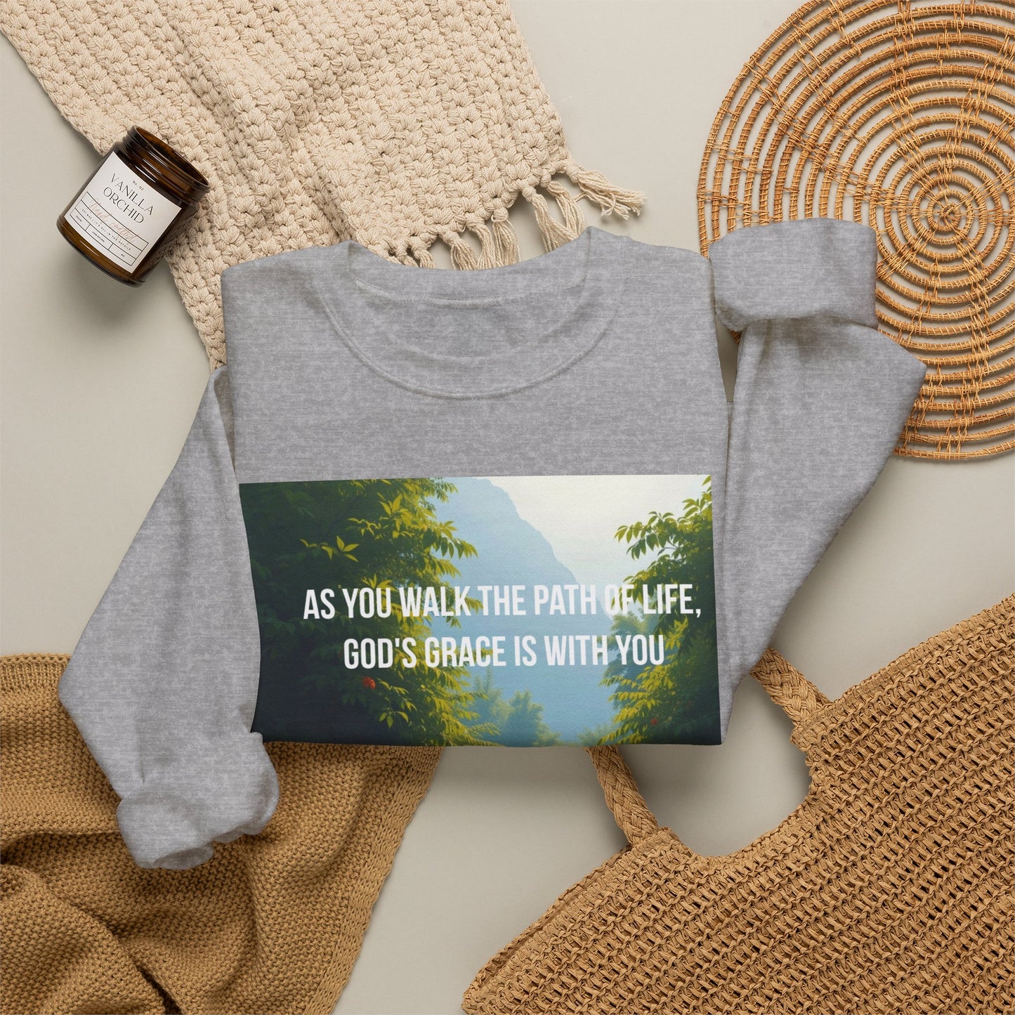 Crewneck Sweatshirt — "As You Walk the Path of Life, God’s Grace Is With You" Inspirational Christian Sweatshirt