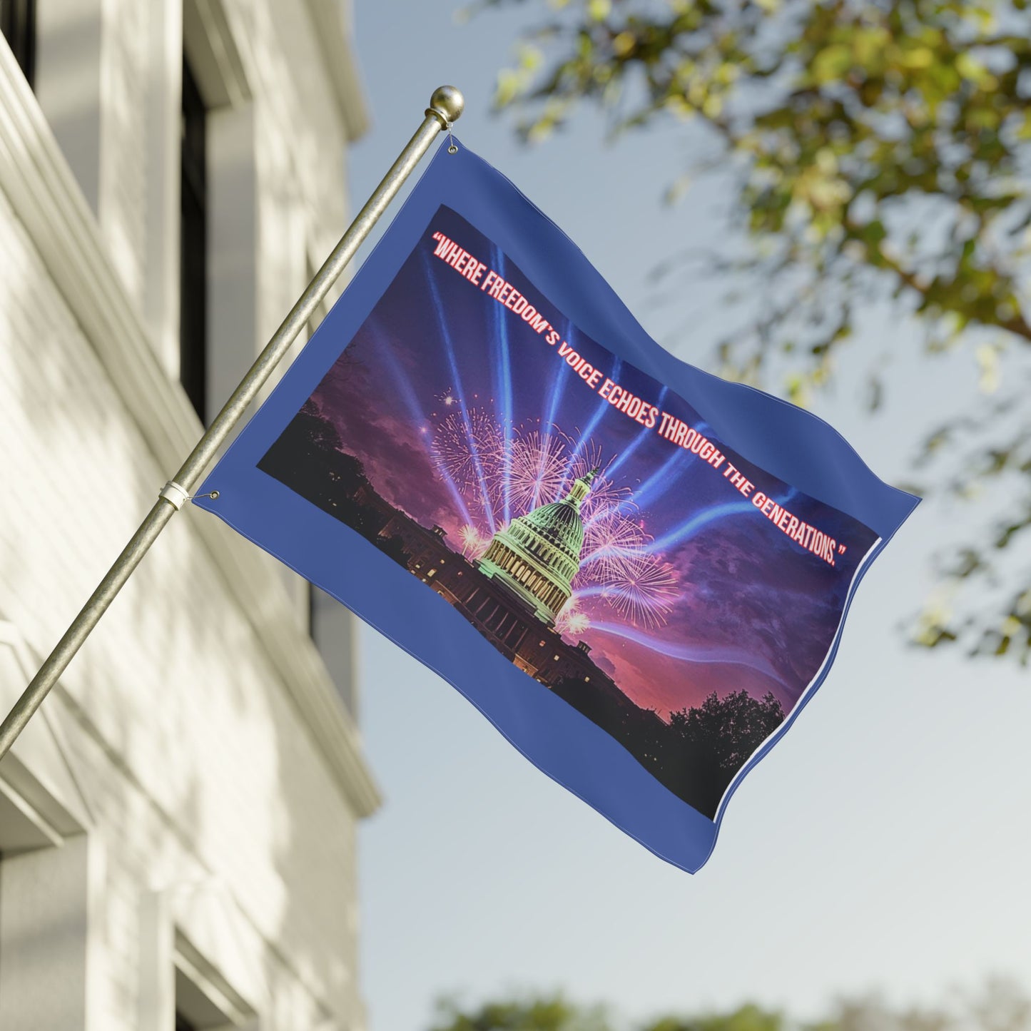 Double-Sided Patriotic Flag — "Where Freedom's Voice Echoes Through the Generations" Capitol Fireworks Garden Flag