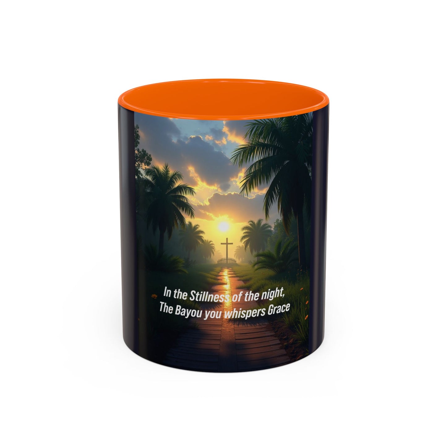 Accent Coffee Mug — Tranquil Bayou Sunset Mug with Cross & Inspirational Quote
