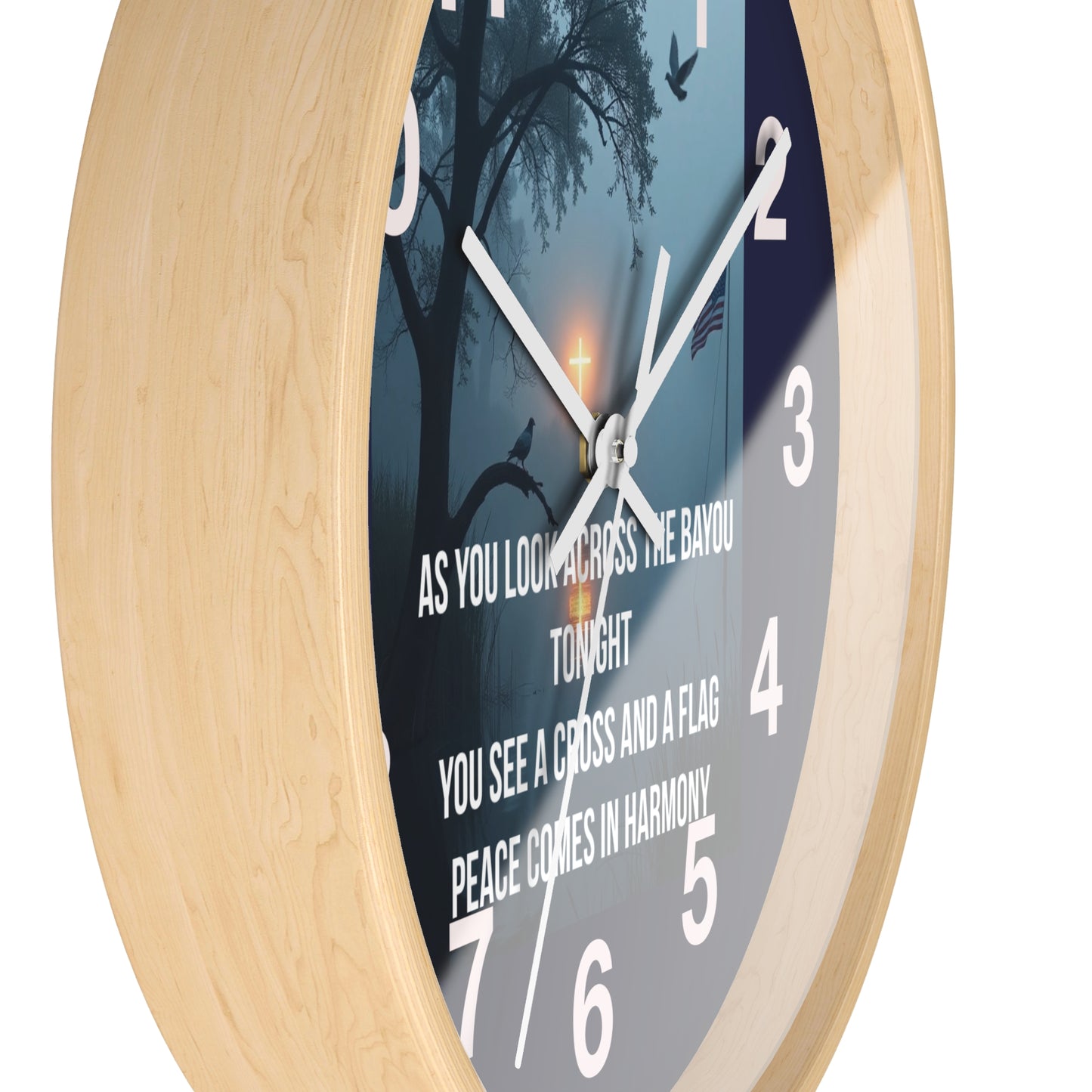 Bayou Cross & Flag Wall Clock — Patriotic Peaceful Sunset Decor