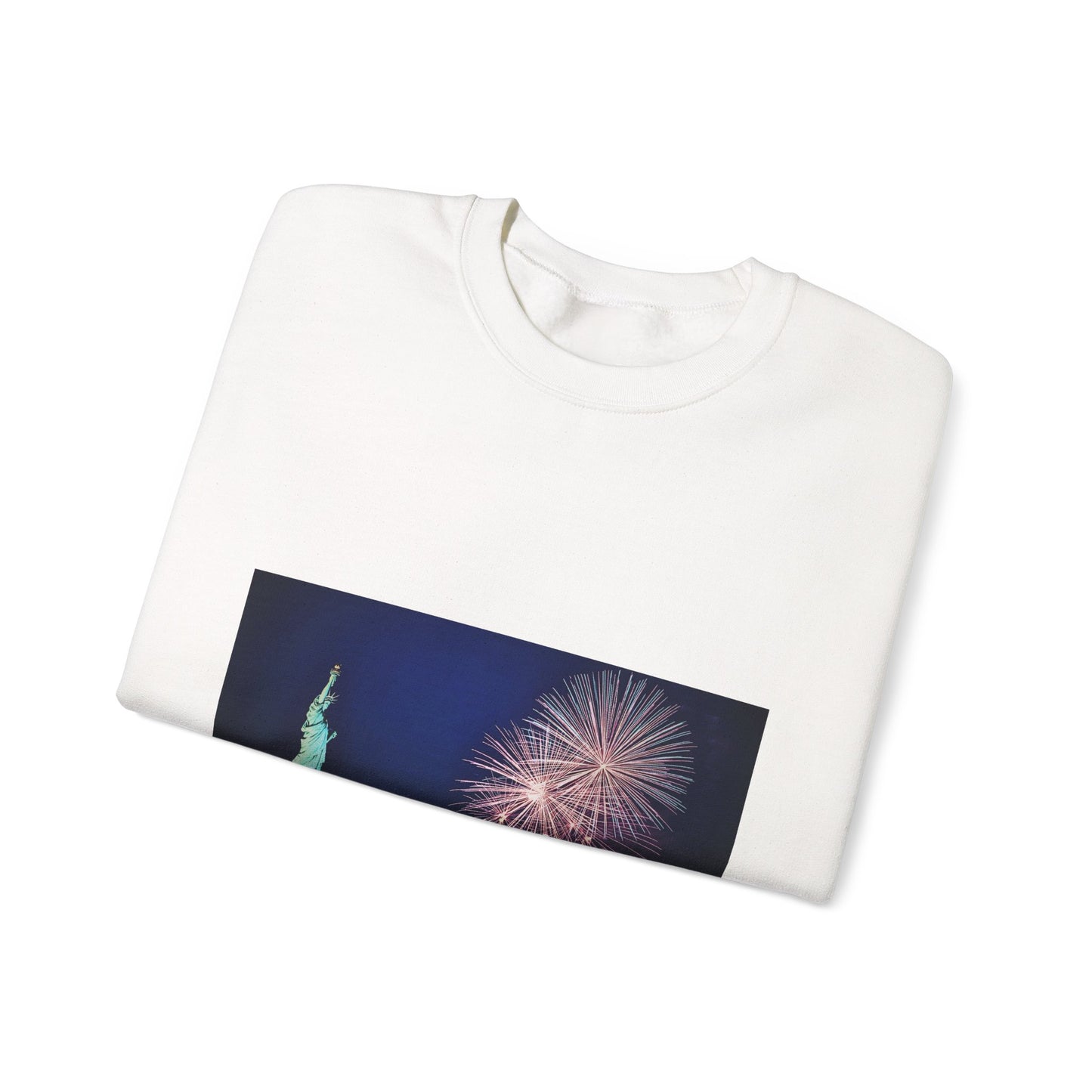 Liberty Night Crewneck Sweatshirt — Statue of Liberty Fireworks "Her Torch Still Lights the Path to Freedom"