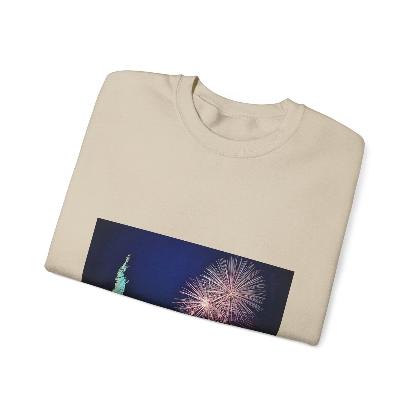 Liberty Night Crewneck Sweatshirt — Statue of Liberty Fireworks "Her Torch Still Lights the Path to Freedom"