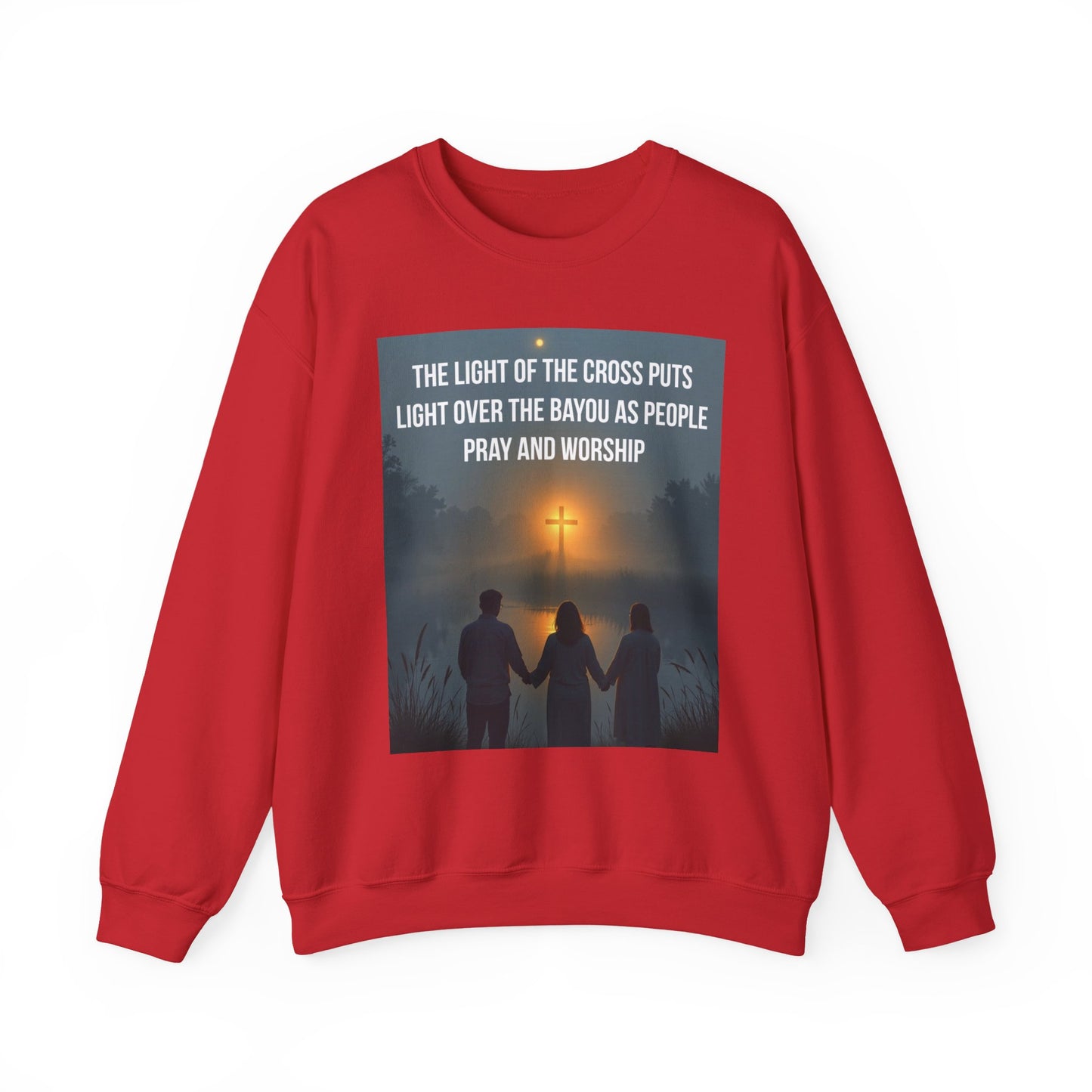 Christian Crewneck Sweatshirt — "The Light of the Cross Puts Light Over the Bayou" Graphic