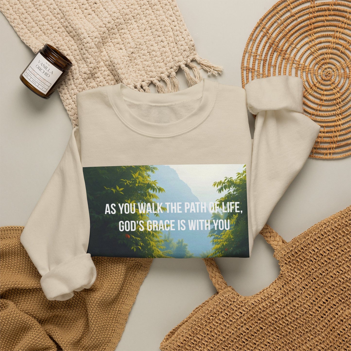 Crewneck Sweatshirt — "As You Walk the Path of Life, God’s Grace Is With You" Inspirational Christian Sweatshirt
