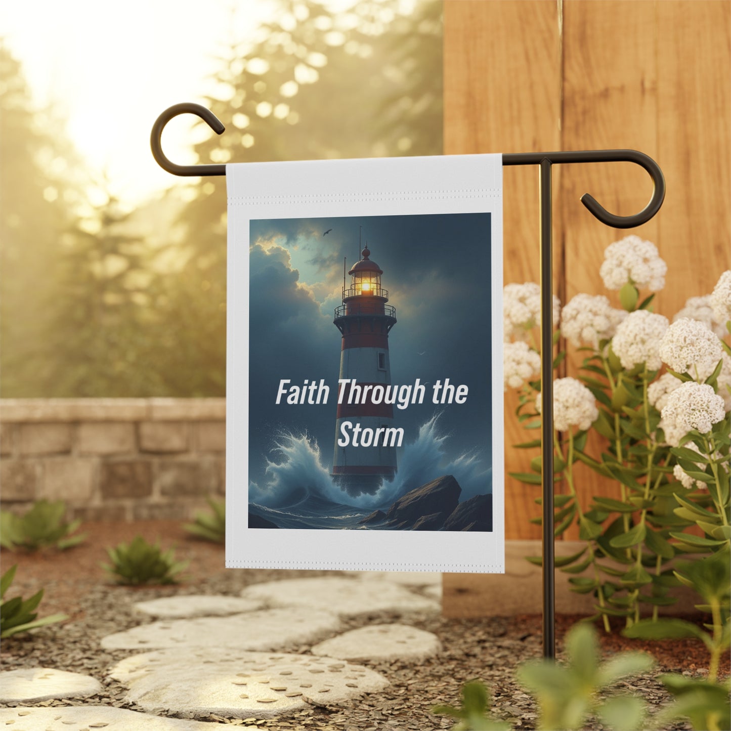 Faith Through the Storm Garden Flag — Lighthouse Inspirational Garden Banner
