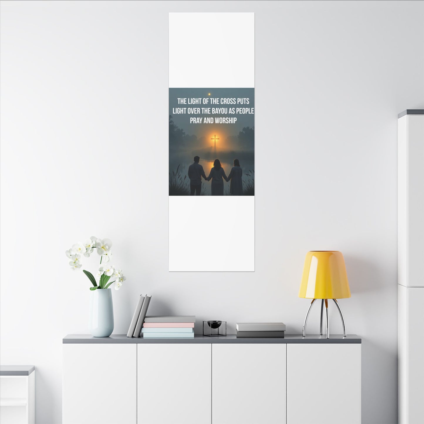 Faith Wall Art Canvas — “The Light of the Cross Puts Light Over the Bayou as People Pray and Worship”