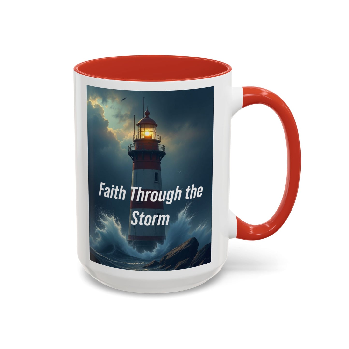 Faith Through the Storm Lighthouse Coffee Mug - Inspirational Ceramic Accent Mug