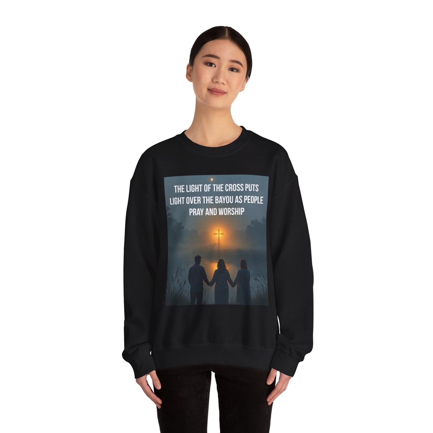 Christian Crewneck Sweatshirt — "The Light of the Cross Puts Light Over the Bayou" Graphic