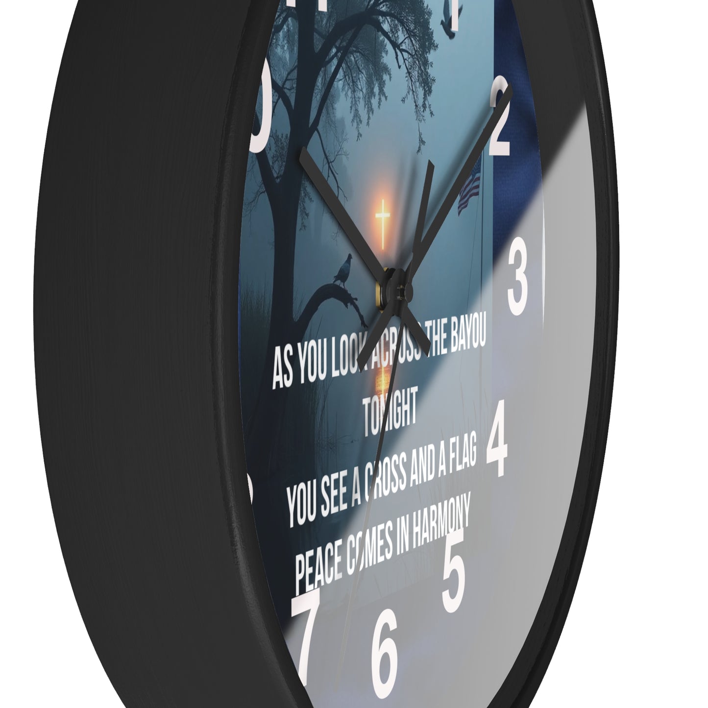 Bayou Cross & Flag Wall Clock — Patriotic Peaceful Scene with Lyrics