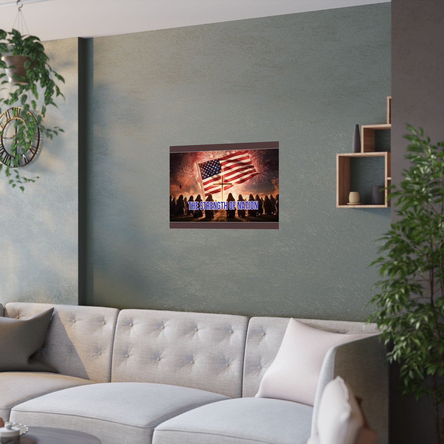 Patriotic Satin Poster — "The Strength of Nation" American Flag Fireworks Wall Art