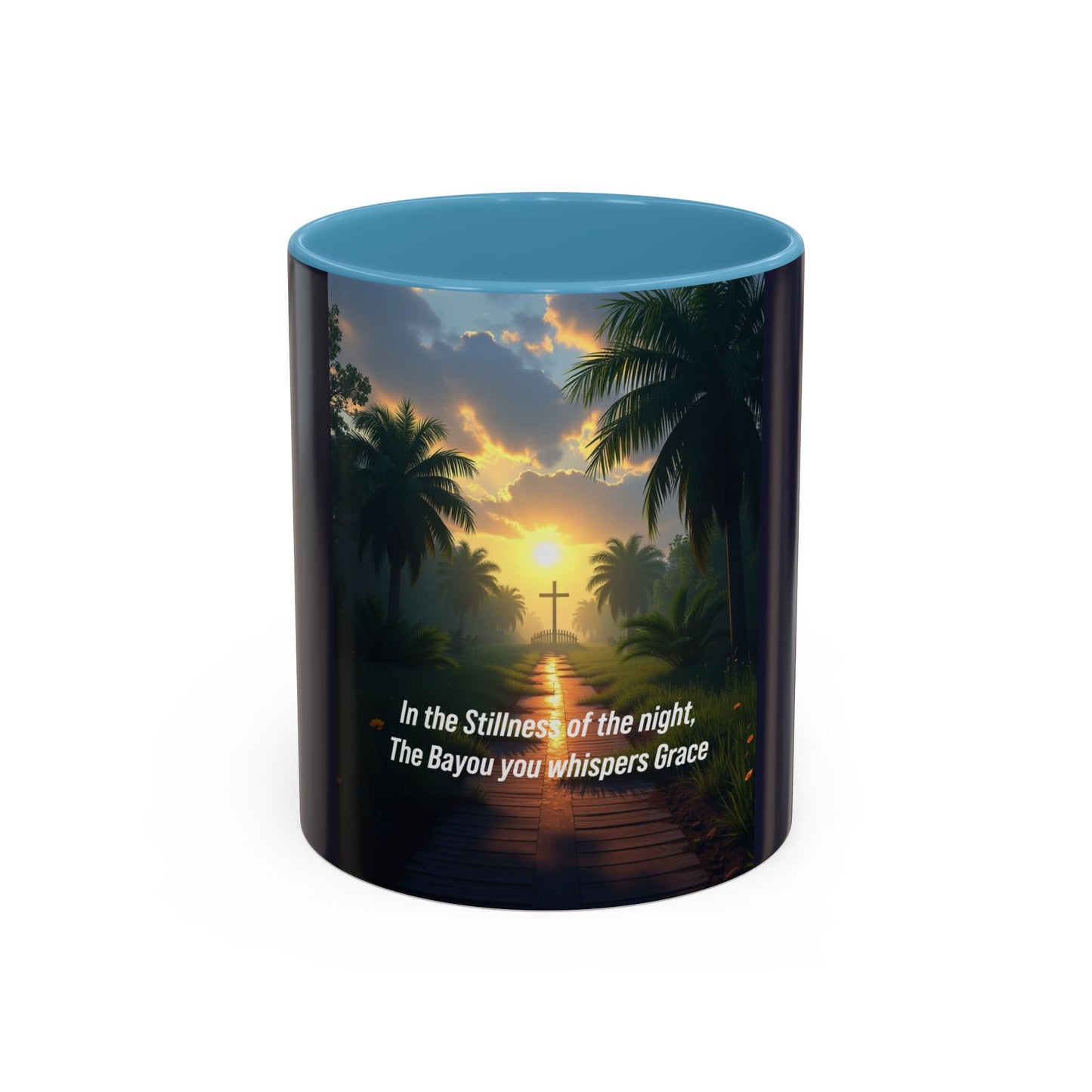 Accent Coffee Mug — Tranquil Bayou Sunset Mug with Cross & Inspirational Quote