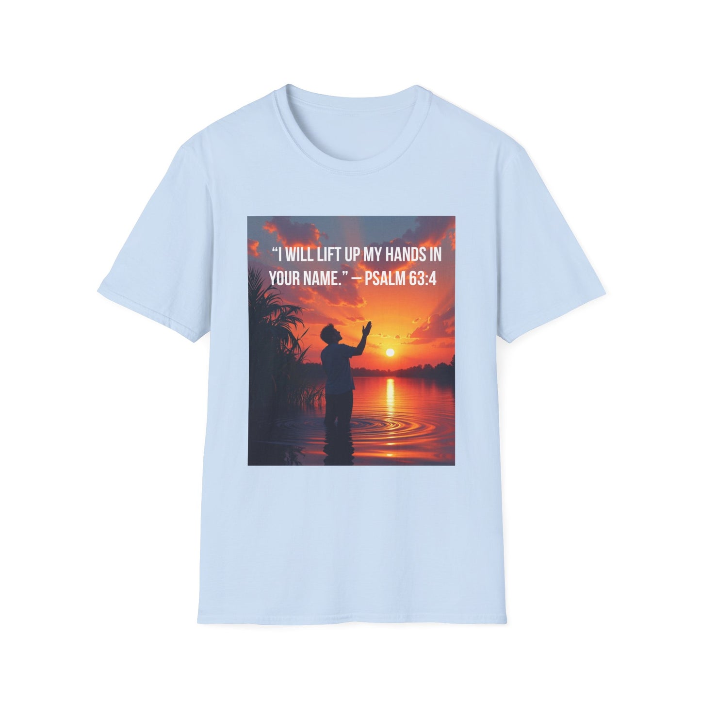 Psalm 63:4 Sunset Prayer T-Shirt — "I Will Lift Up My Hands in Your Name" Christian Tee