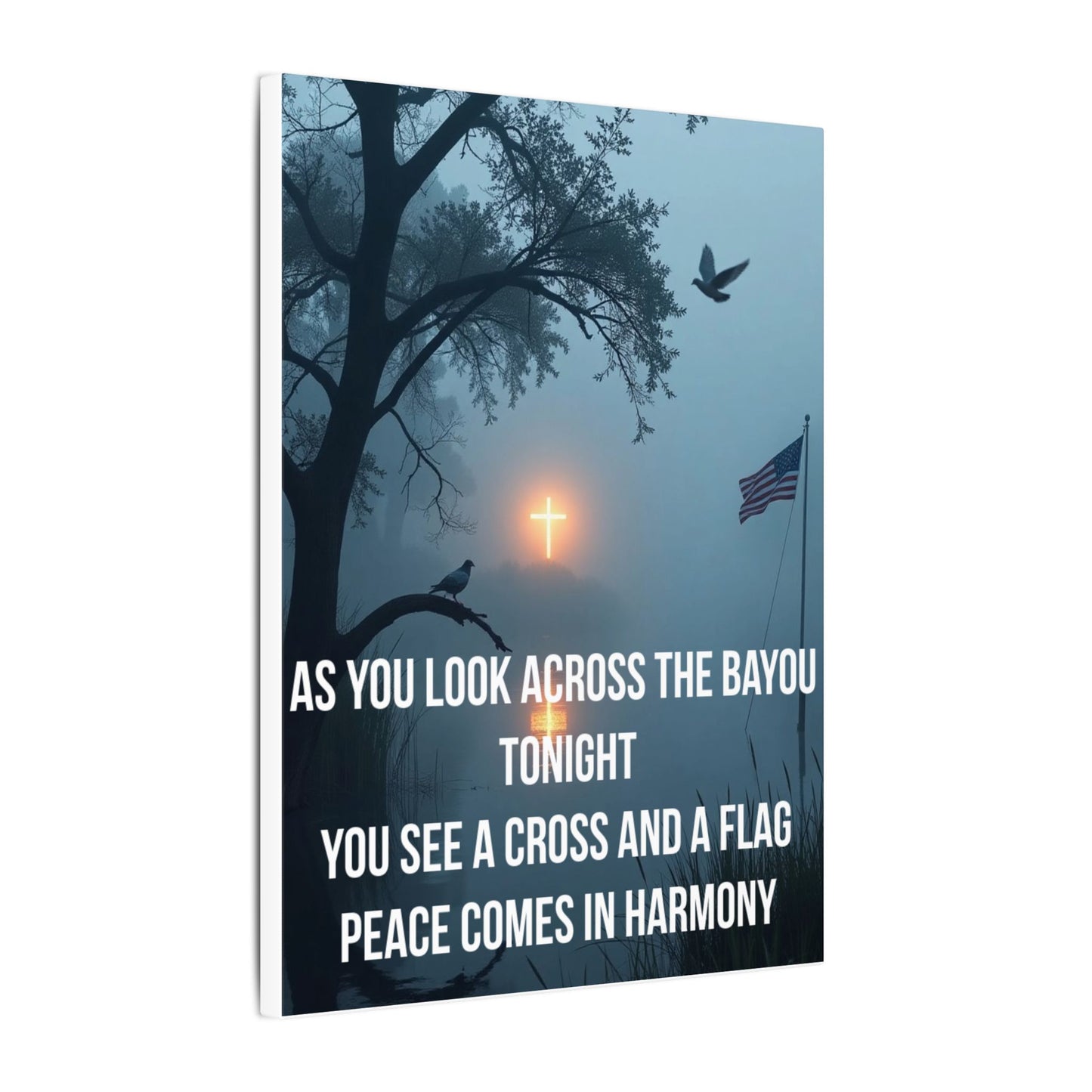 Bayou Cross & Flag Matte Canvas Wall Art – Inspirational Patriotic Christian Quote
